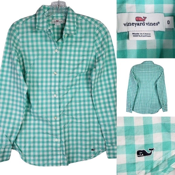 Vineyard Vines Oxford Women's Size 0 Green Teal Gingham Check LS Button Up Shirt - Picture 1 of 8